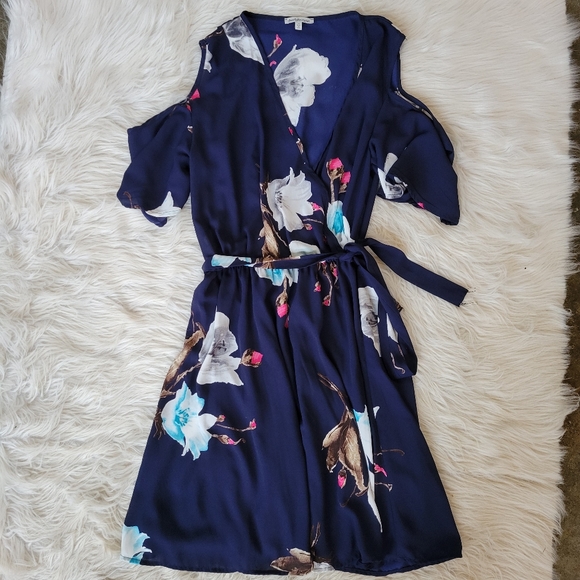 Cold Shoulder Dress Navy Blue Wrap Tie Russe - Picture 3 of 8